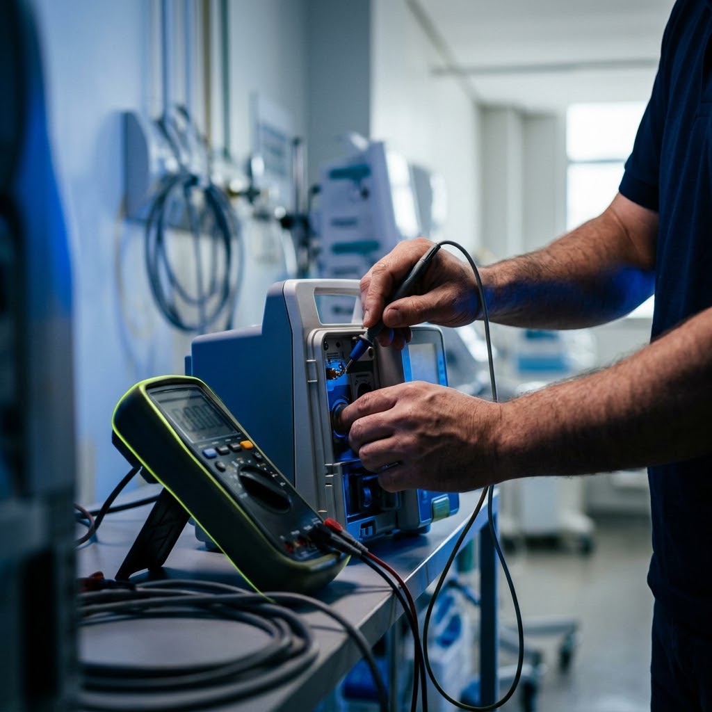 Técnico calibrando equipamento médico com multímetro