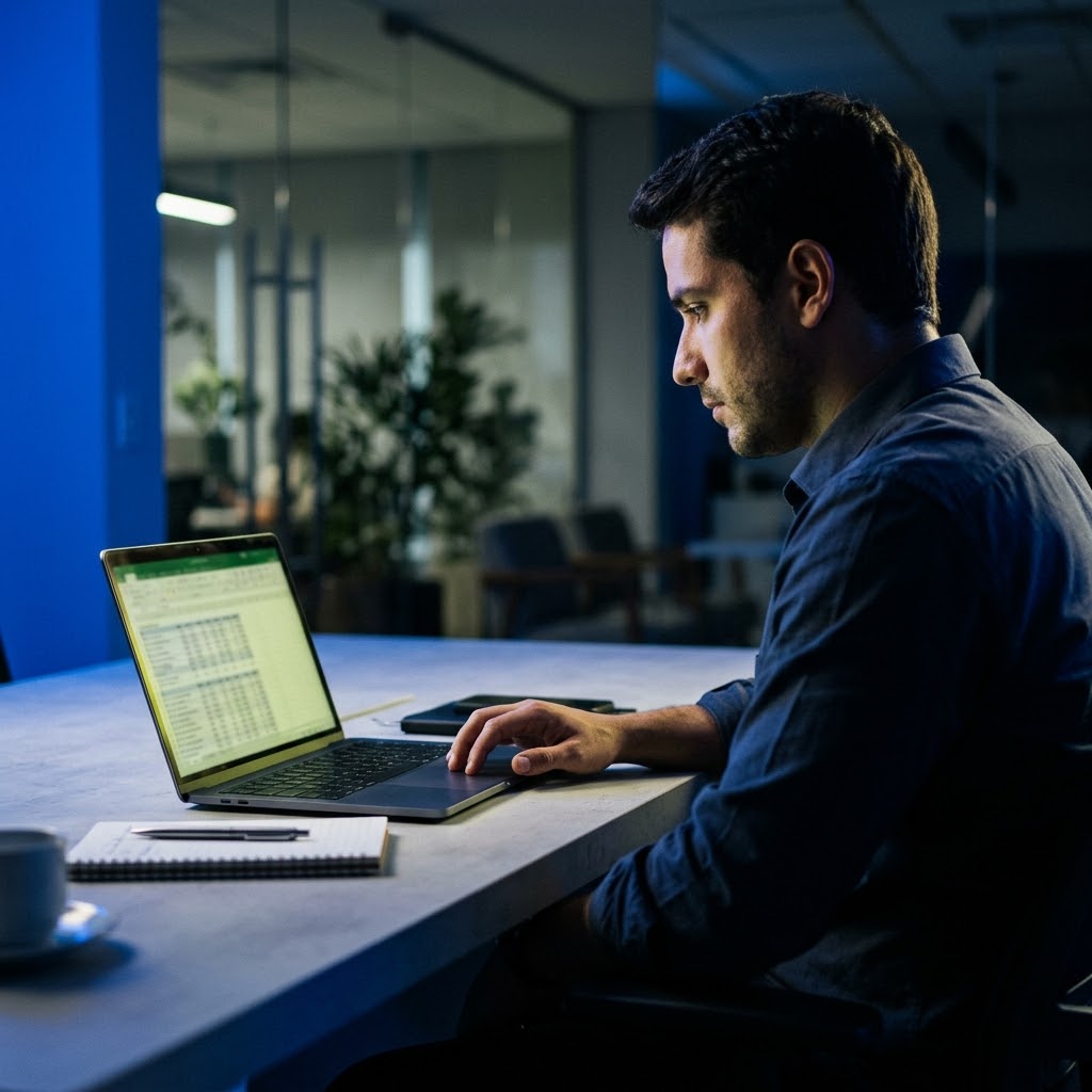 Consultor analisando planilha regulatória em laptop