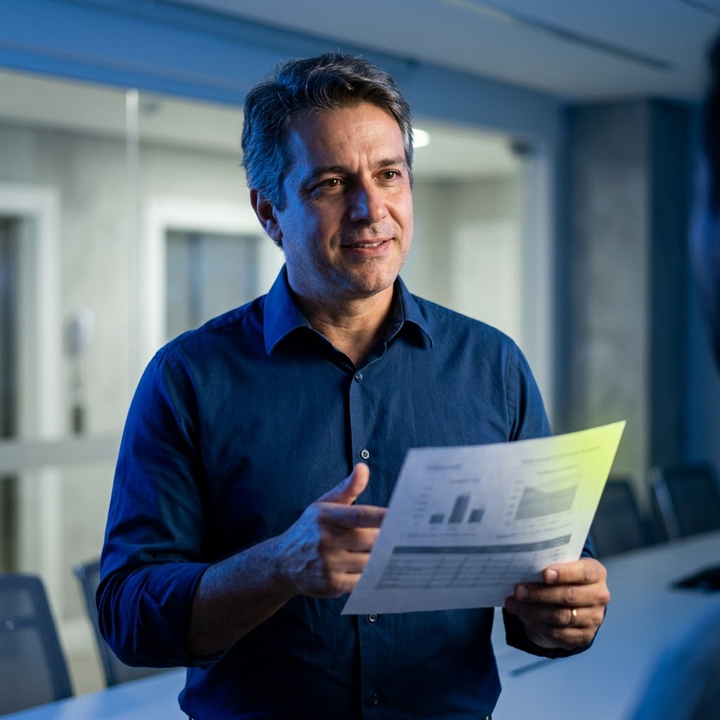 Responsável técnico apresentando relatório em sala corporativa
